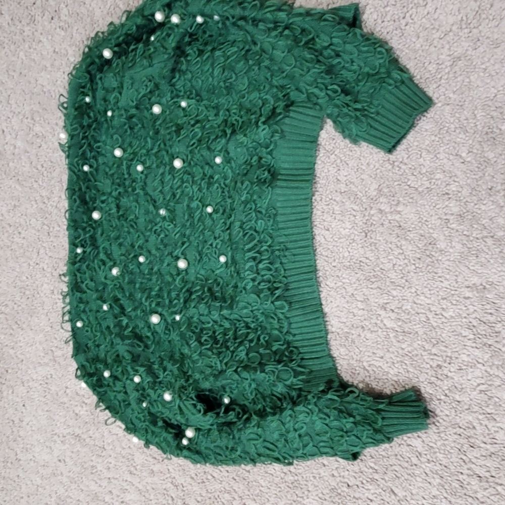 Mighty Fine Faux Pearl Green Textured Women's Cropped Cardigan - Picture 7 of 8